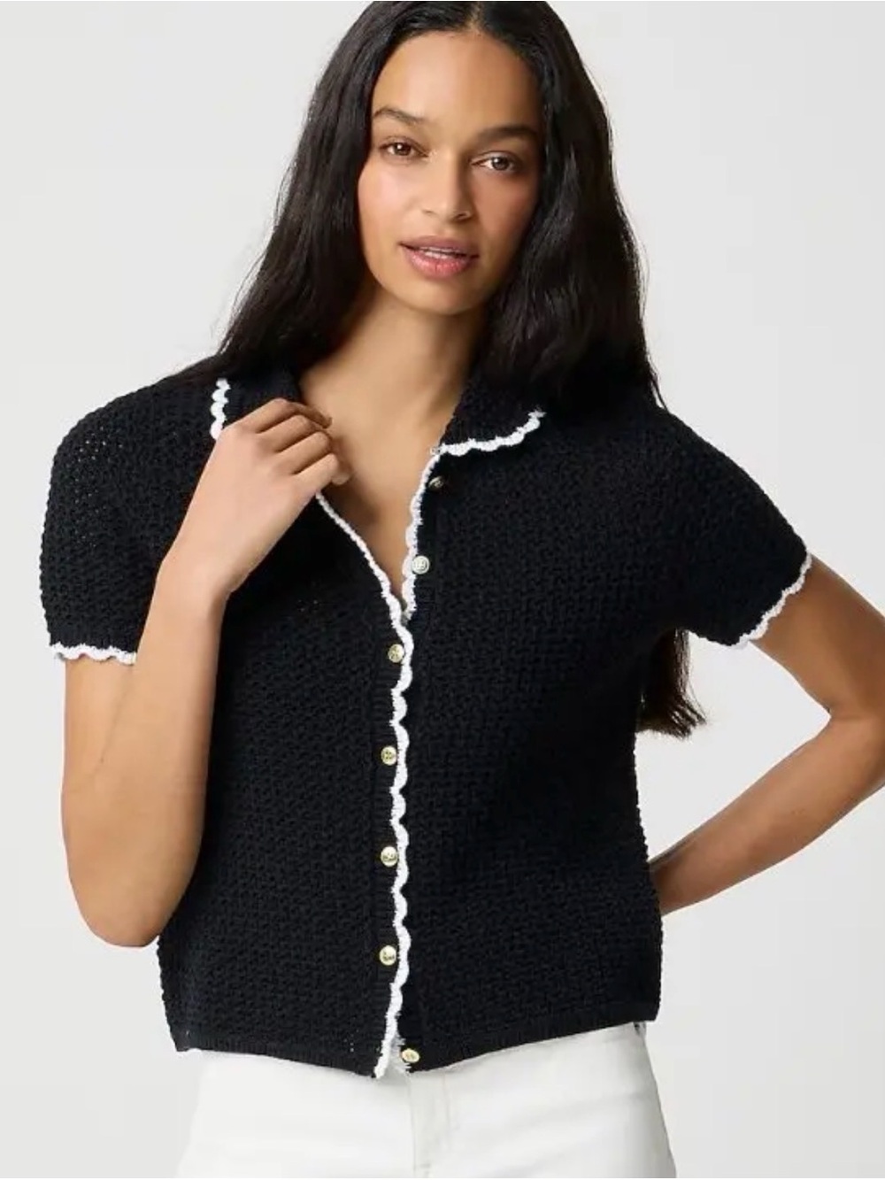 J. Crew factory Black Short-Sleeve Knit Cardigan with White Trim Sz S
